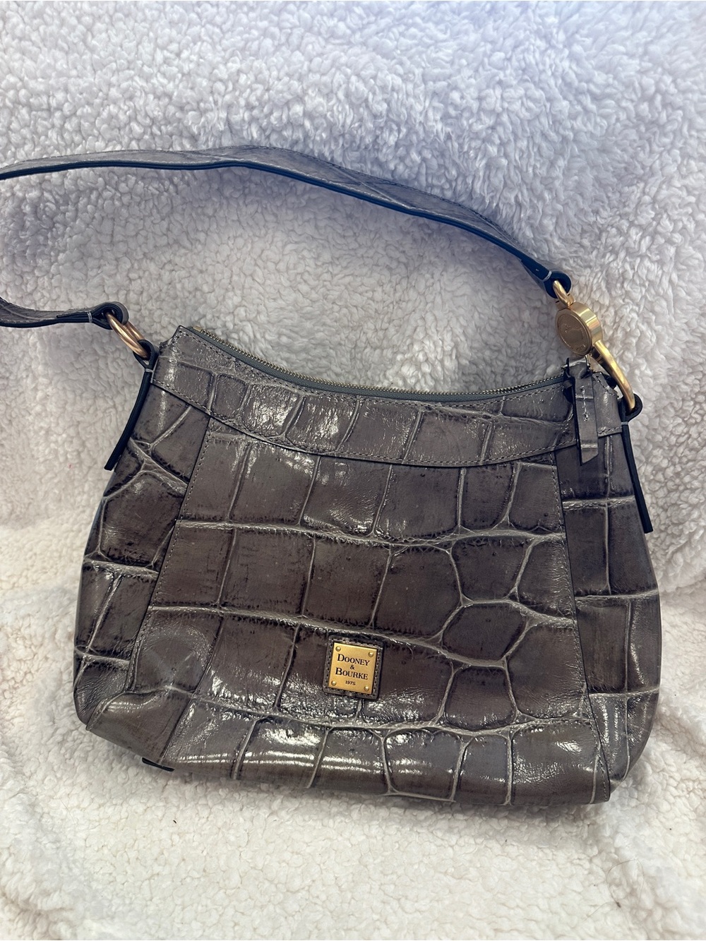 Dooney & Bourke Gray Croc-Embossed Shoulder Bag with Gold Hardware